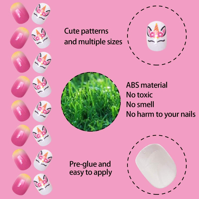 SIUSIO 120 Pcs 5 Pack Children Acrylic Fake Nails Press on Pre-glue Full Cover Glitter Gradient Color Rainbow Short False Nail Art Kits Set for Kids Little Girls - Unicorn Series - Image 3